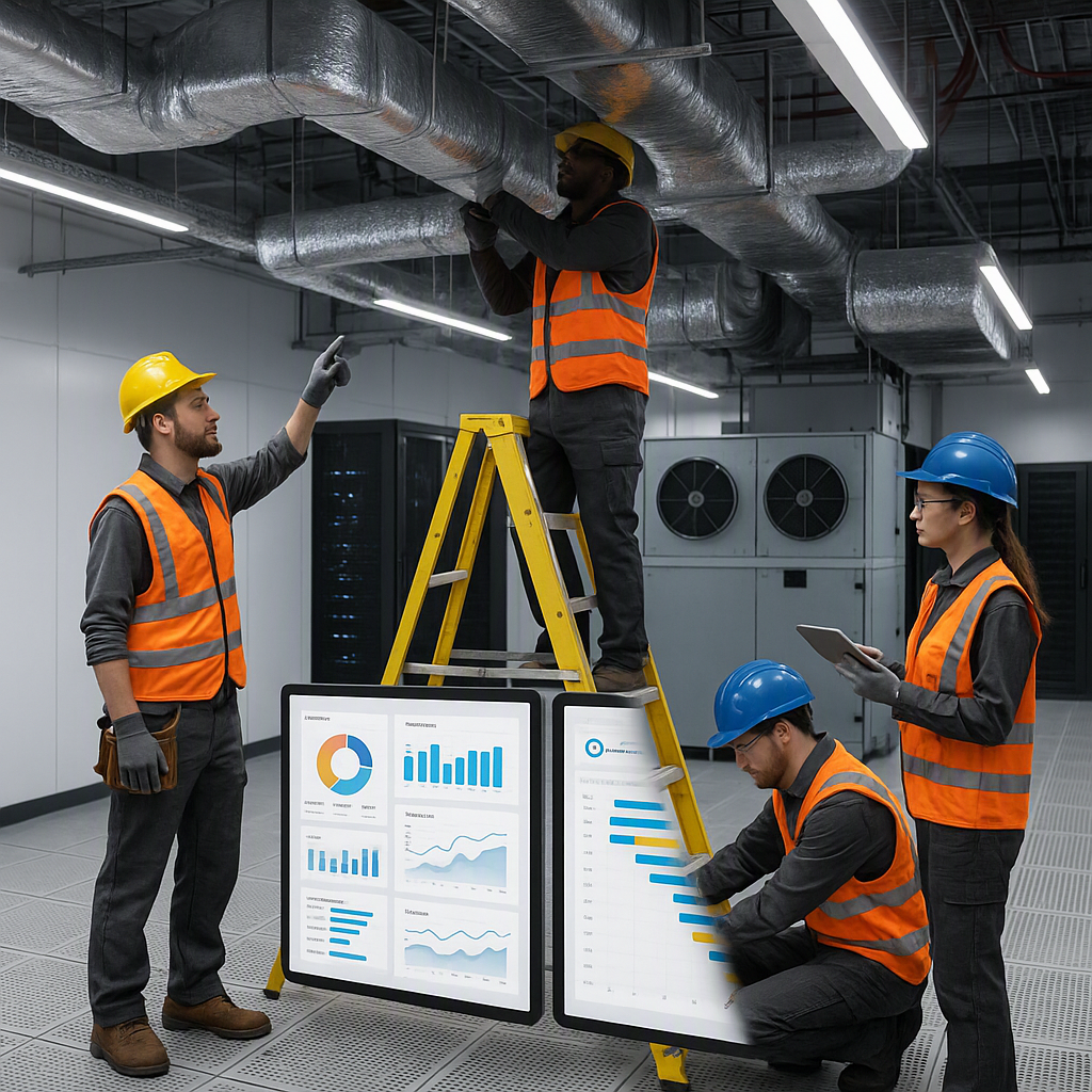 A construction team working on a high-tech data center, showing HVAC equipment installation and digital workflow dashboa...