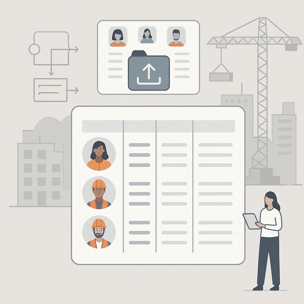 An illustration of a construction site hiring dashboard with multiple candidate profiles being uploaded in bulk, featuri...