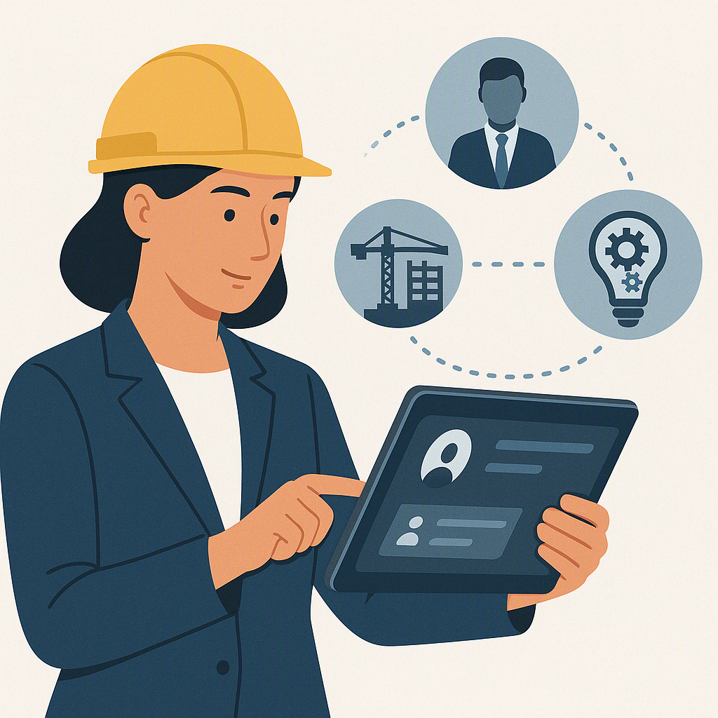 A professional illustration of a construction HR manager using a digital dashboard on a tablet, with icons of candidates...