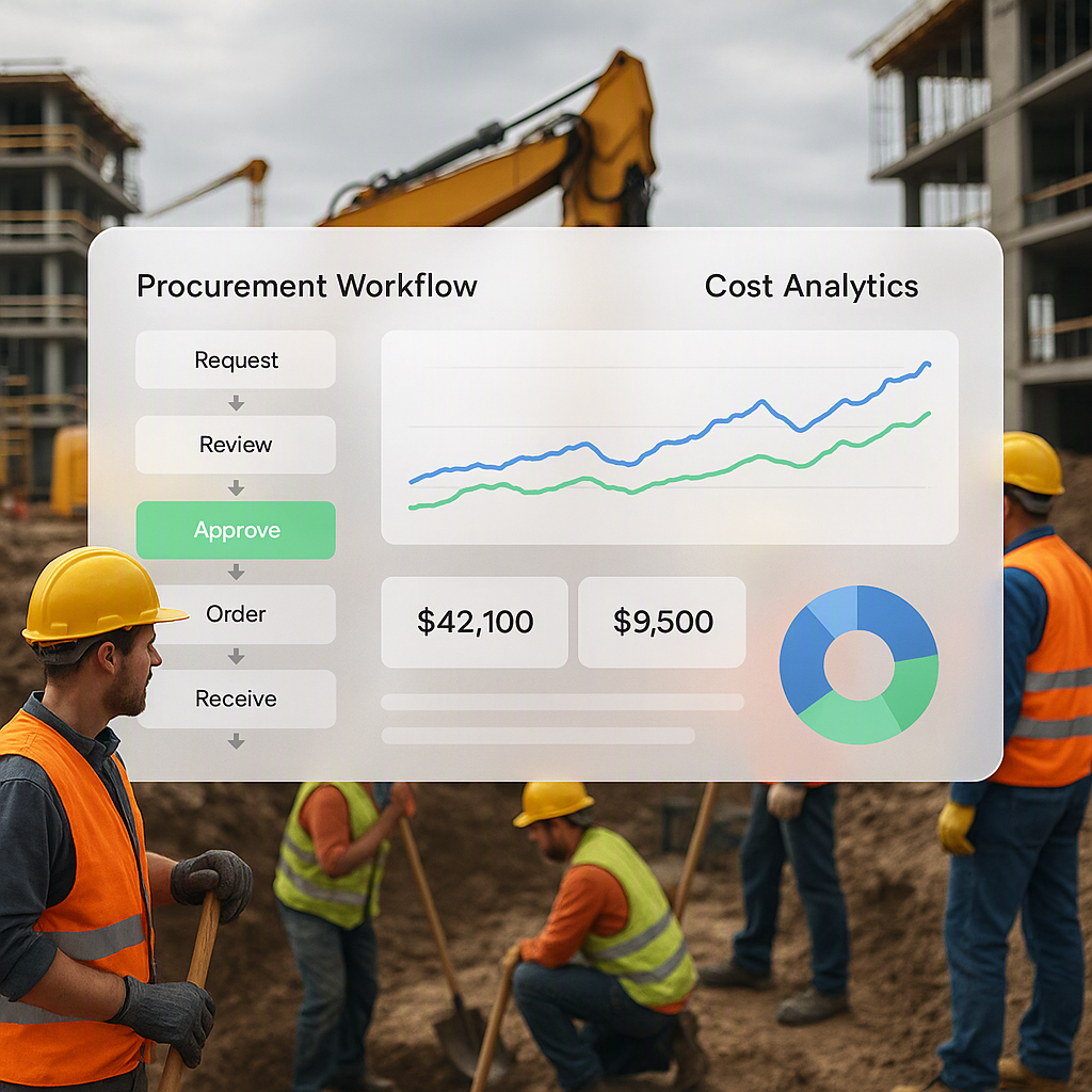 A construction site with workers and machinery, overlaid with a digital dashboard showing procurement workflows and cost...