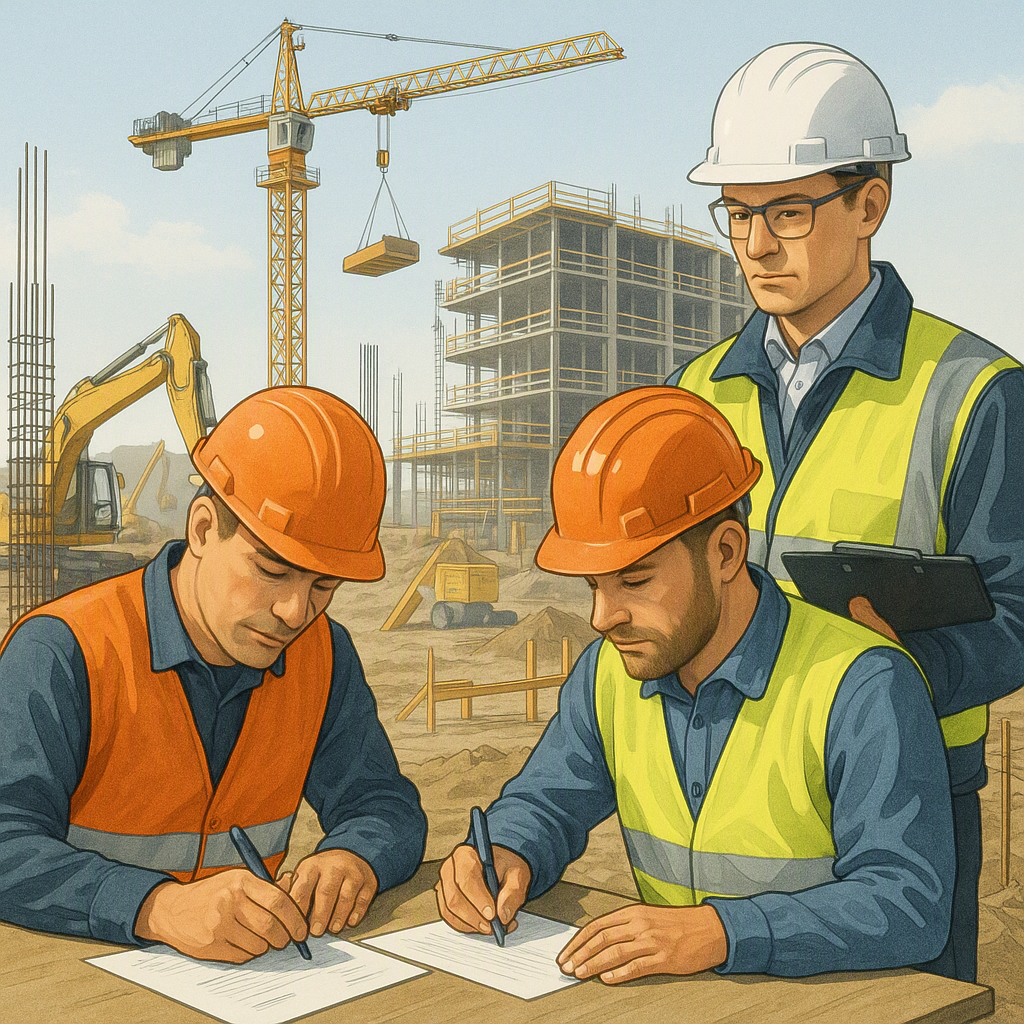 A realistic illustration of a construction site with subcontractors signing documents and a project manager overseeing t...