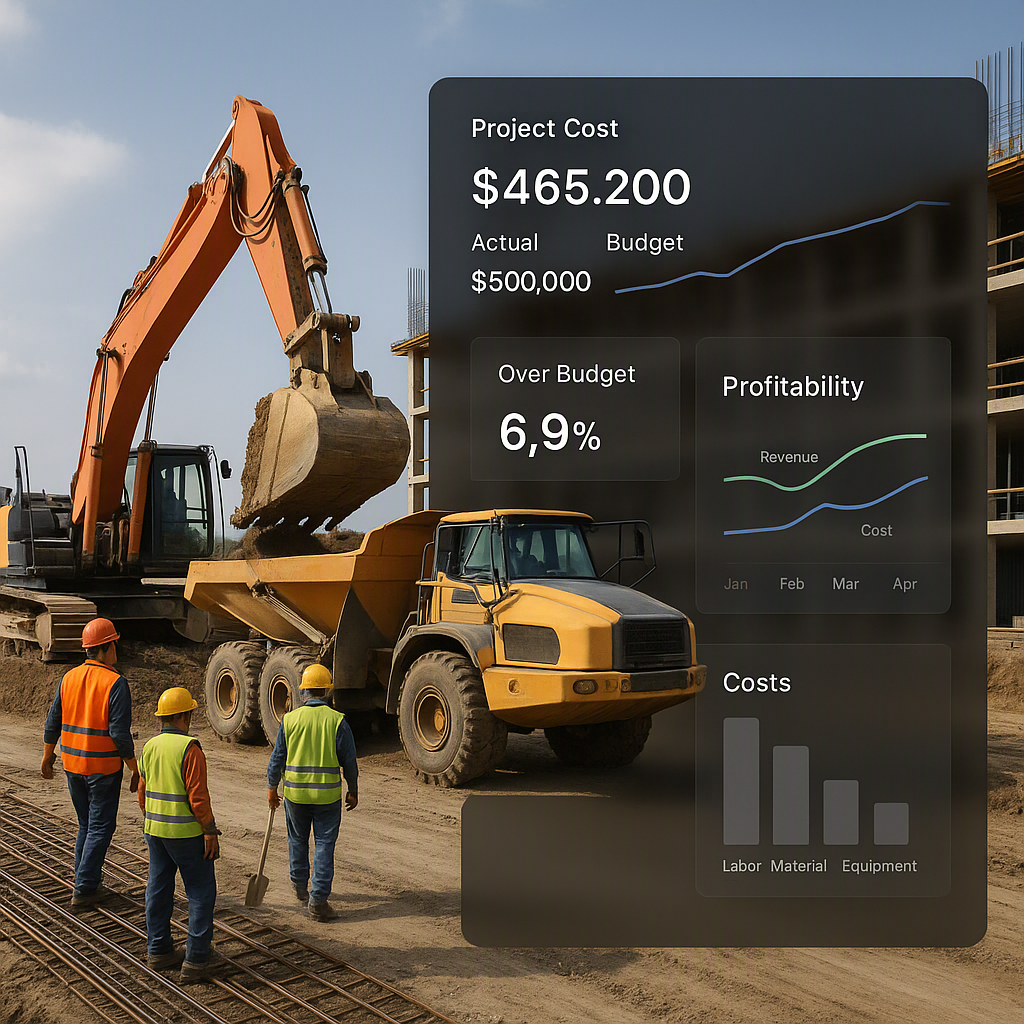 A construction site with workers and machinery, overlaid by a sleek digital dashboard showing live project cost metrics...