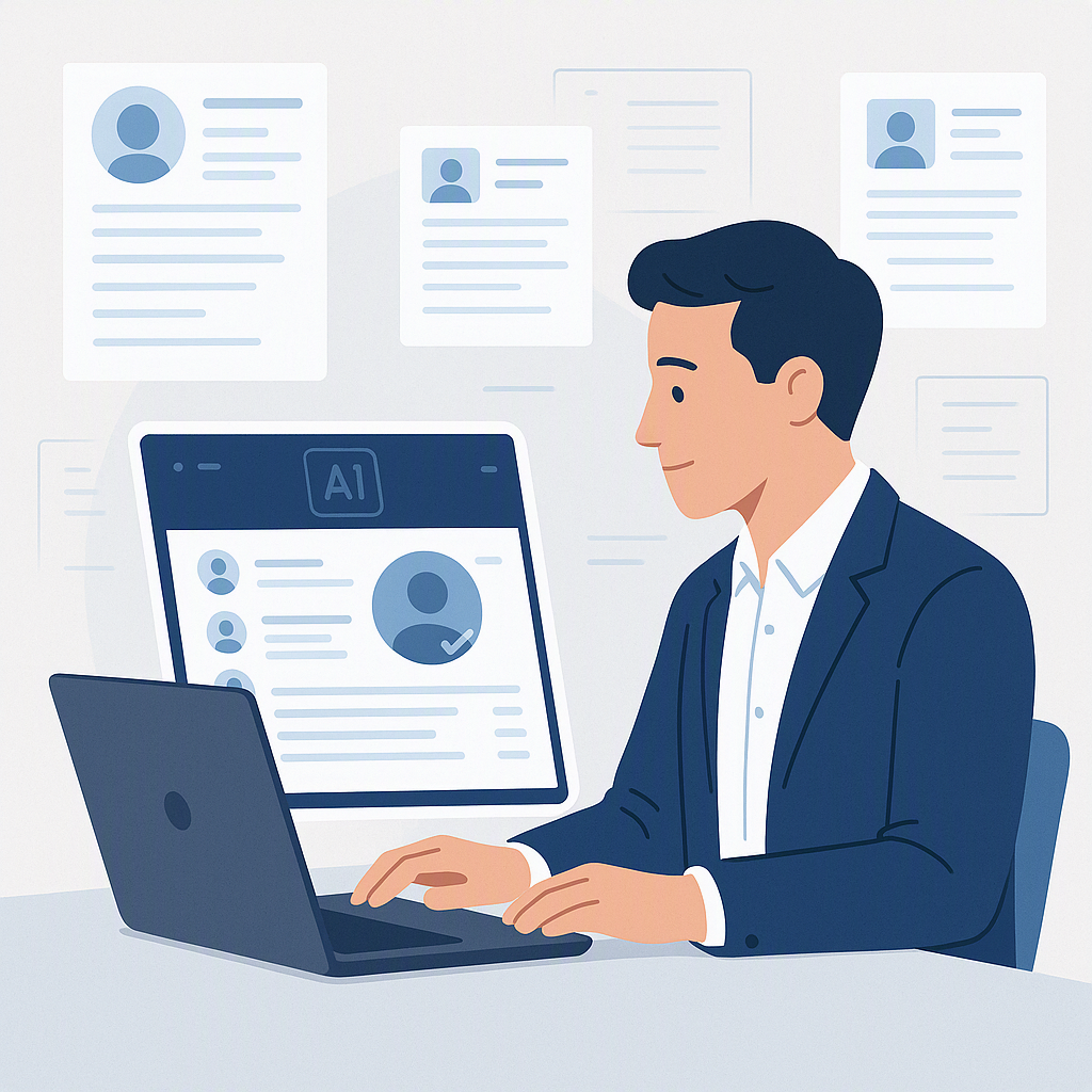 A recruiter sitting at a laptop, surrounded by resumes, with an AI interface on the screen analyzing applications.