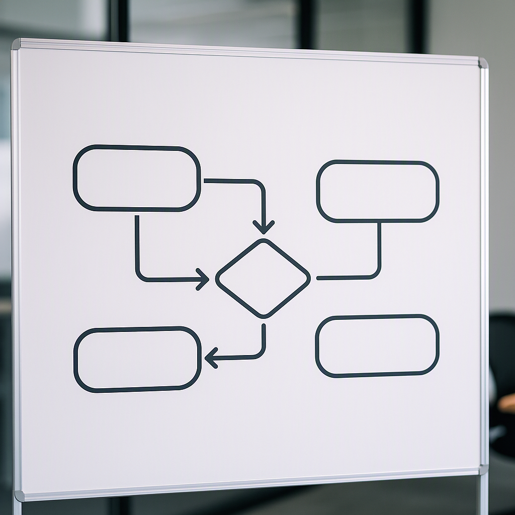 A clean, modern flowchart on a whiteboard in a corporate setting, with arrows connecting various campus recruitment step...