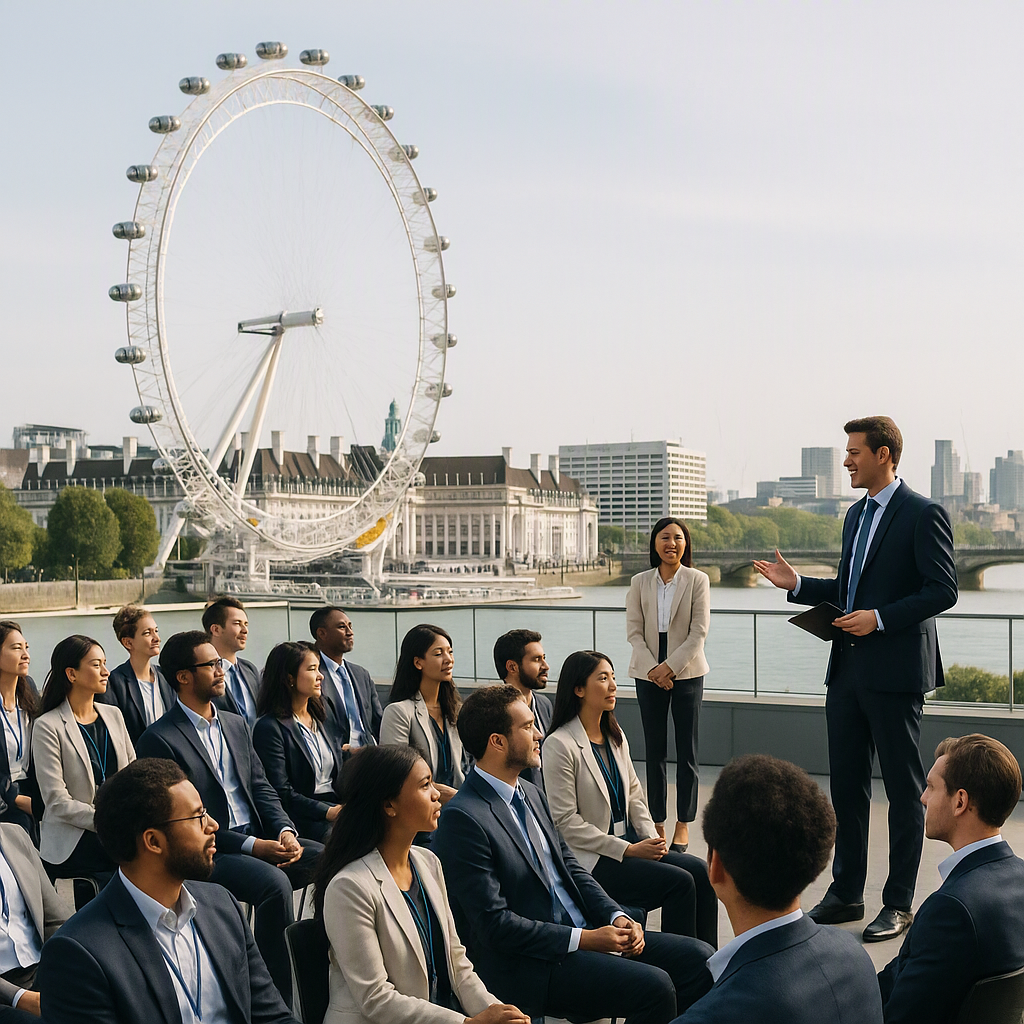 A professional outdoor business event in London, with iconic landmarks like the London Eye in the background, featuring...