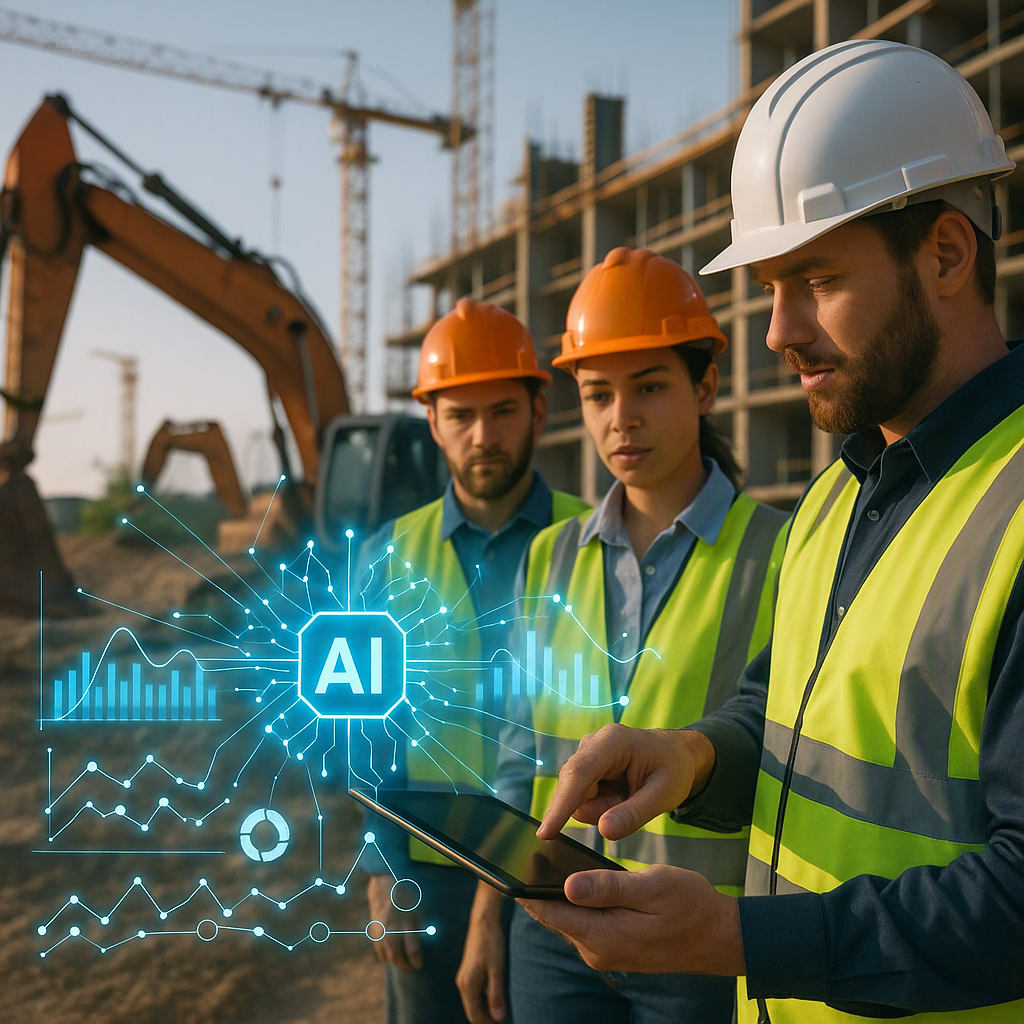 An image showing a construction site with workers using a tablet to input data while standing near equipment, with a fut...