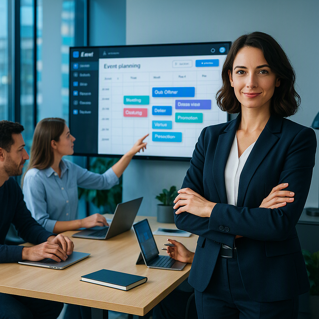 A modern office scene with a confident woman in professional attire, surrounded by a team brainstorming on a large scree...