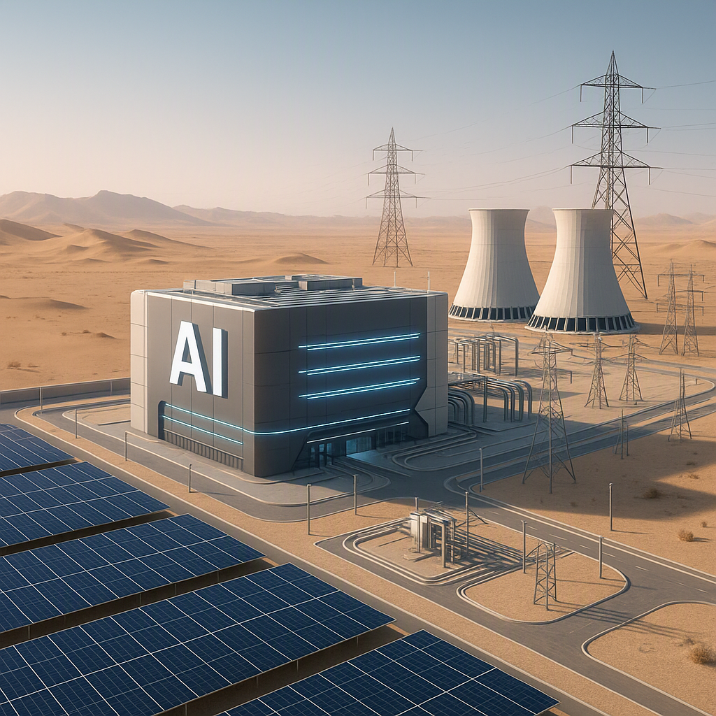 A futuristic rendering of an AI-driven data center in the GCC, featuring solar panels, cooling towers, and advanced grid...