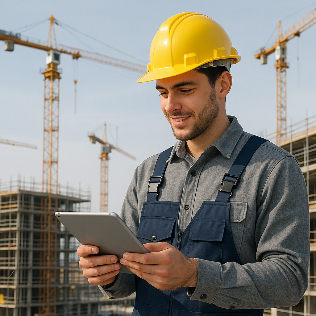 A young construction worker wearing a hard hat, holding a tablet, and standing on a modern construction site with cranes...
