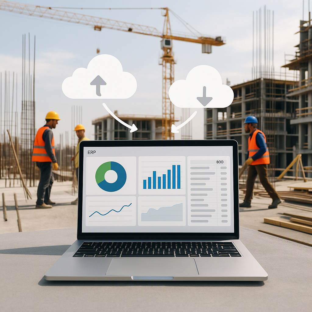 A mid-sized construction site with workers, a laptop showing a dashboard (charts, BOQ), and cloud icons symbolizing ERP...