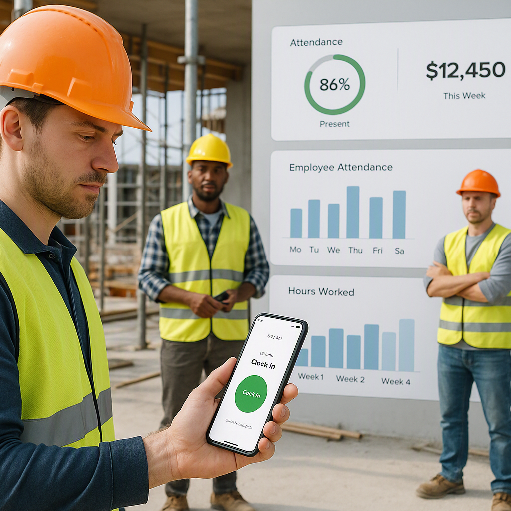 A construction site with workers clocking in using a mobile app, with a digital dashboard showing real-time attendance a...