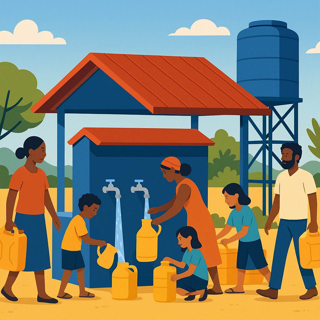 A vibrant illustration showing a community water project funded by donations, with people filling jugs at a clean water...