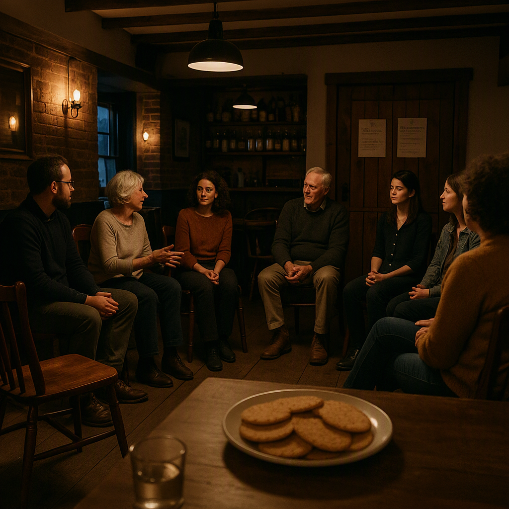 A cozy, dimly lit community event in a rustic pub setting: mismatched chairs arranged in a circle, people sharing storie...