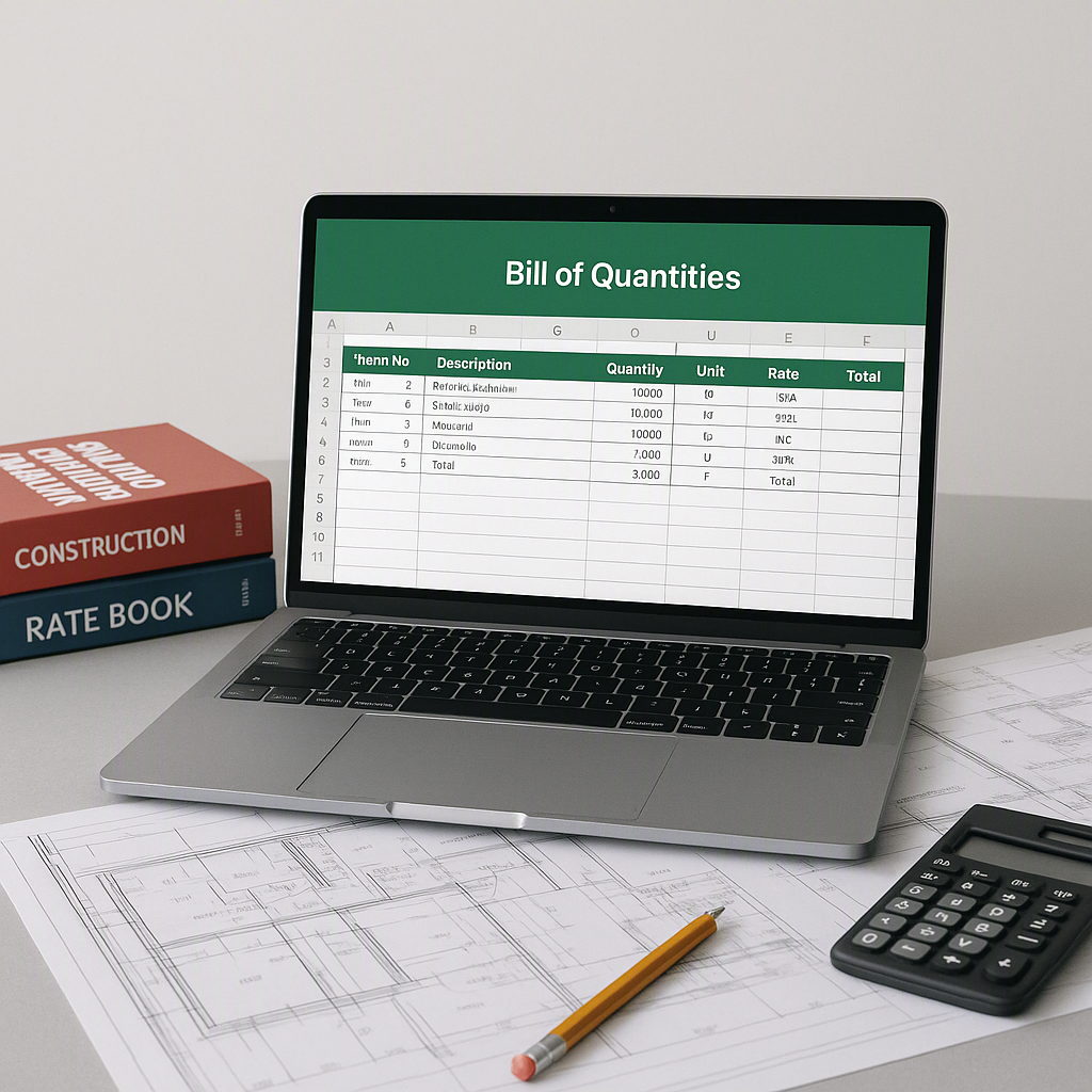 A construction estimator's desk with a laptop open to an Excel BOQ template, surrounded by rate books, drawings, and a c...