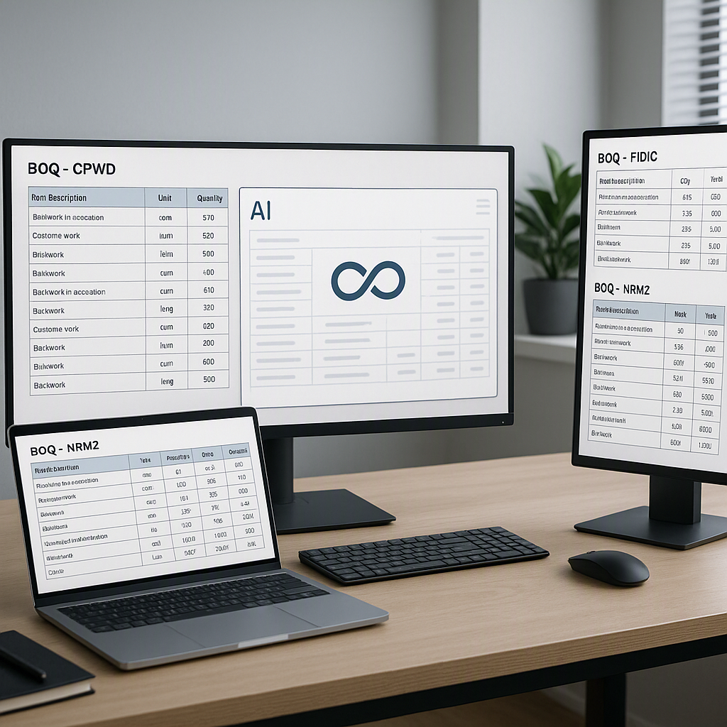 A detailed image of an estimator's workspace with multiple screens showing BOQs in different formats (CPWD, NRM2, FIDIC)...