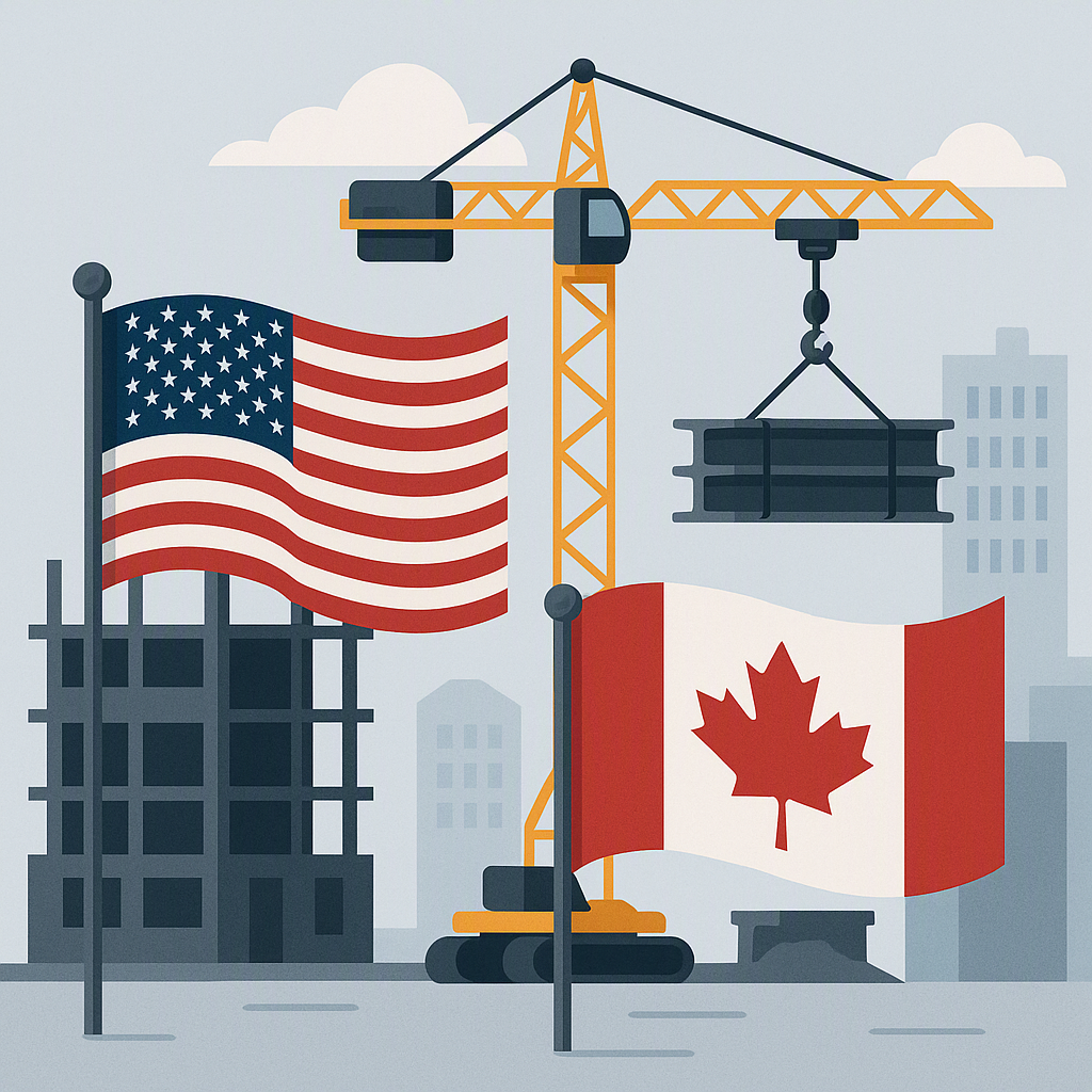 An illustration of a construction site with a crane lifting steel beams, surrounded by flags of the US and Canada, symbo...