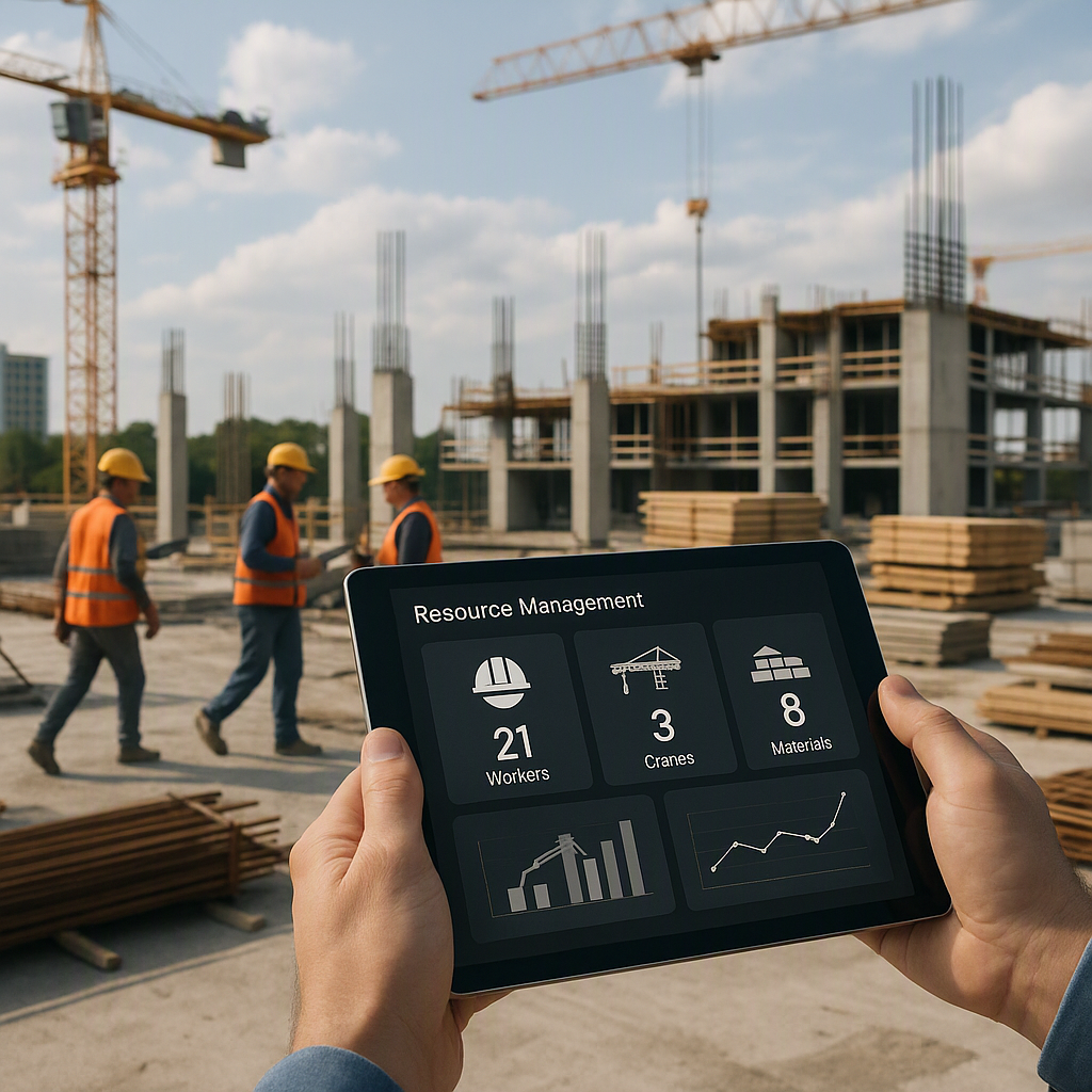 A realistic construction site with workers, cranes, and materials being tracked on a digital tablet in a manager's hands...