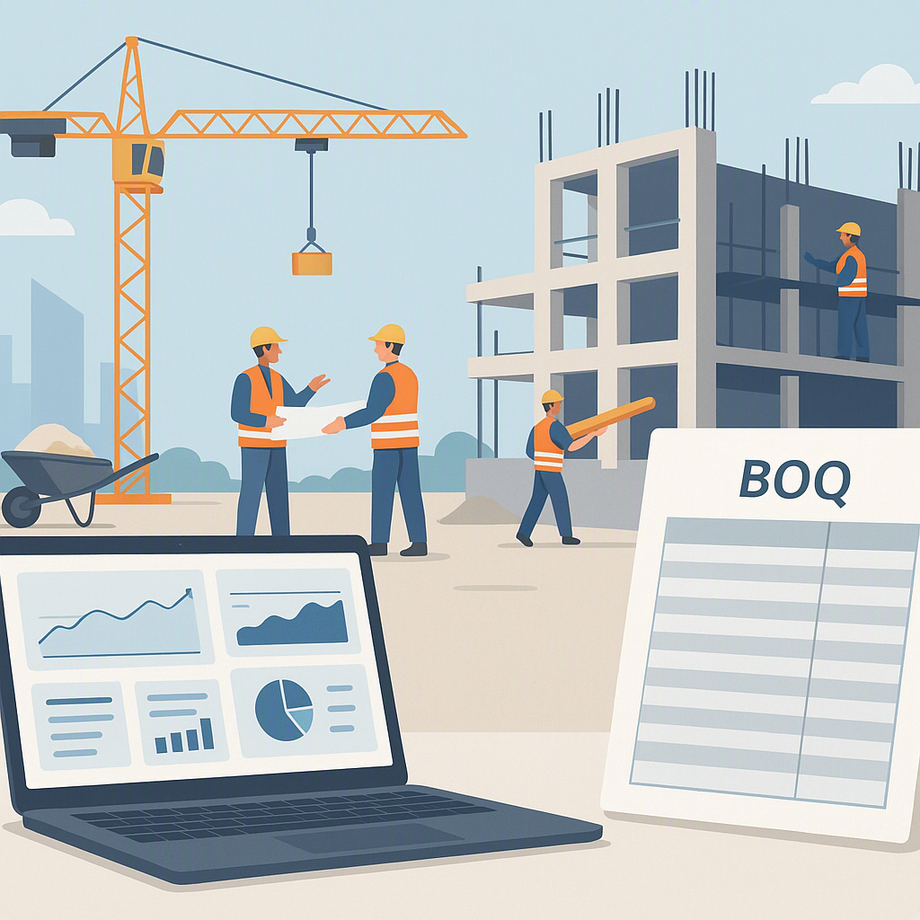 A detailed illustration of a construction project site with workers, a laptop showing a real-time cost tracking dashboar...