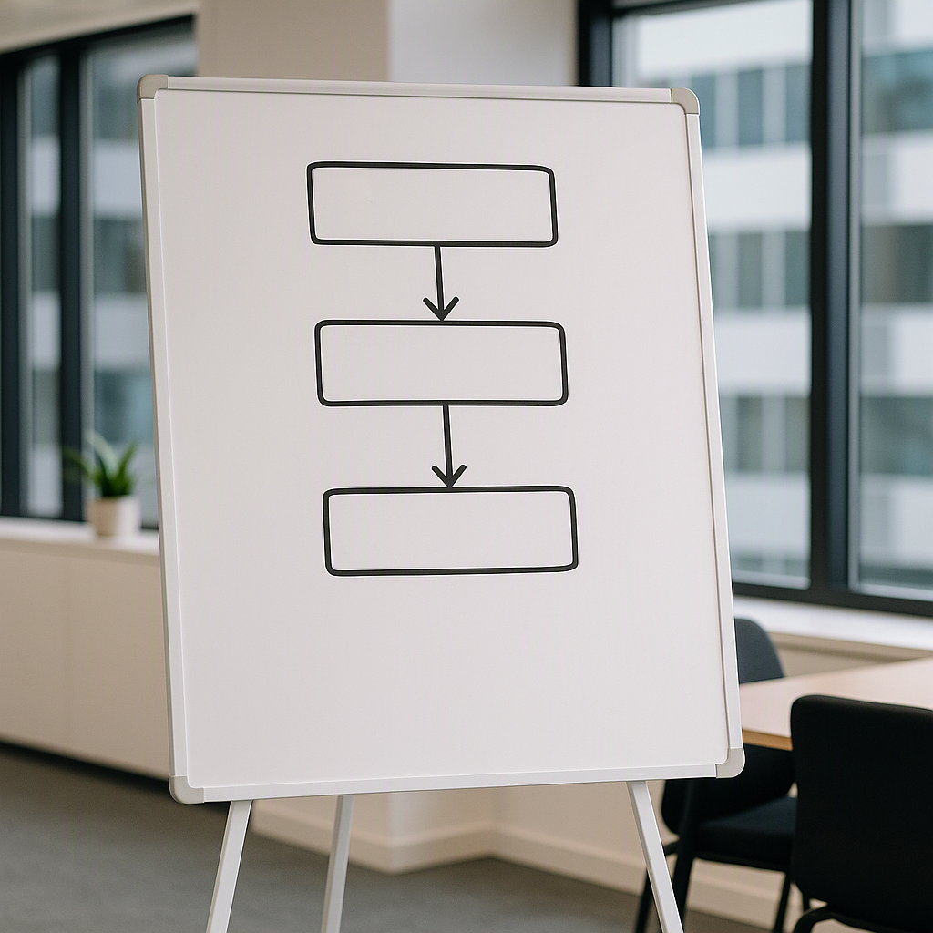 A professional flowchart on a whiteboard, with arrows connecting steps like 'Job Posting,' 'Resume Screening,' and 'Inte...