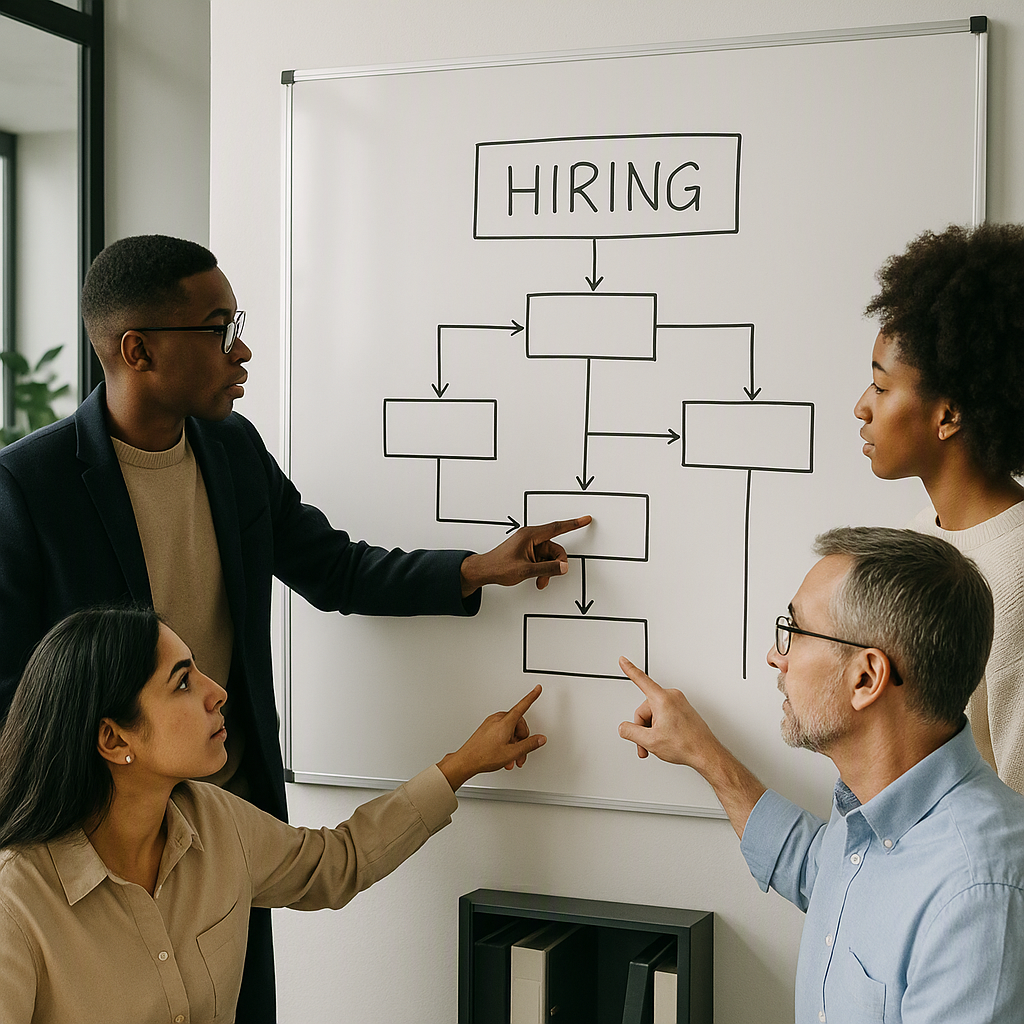 An organized hiring flowchart on a whiteboard in a modern office setting, with diverse team members collaborating and po...