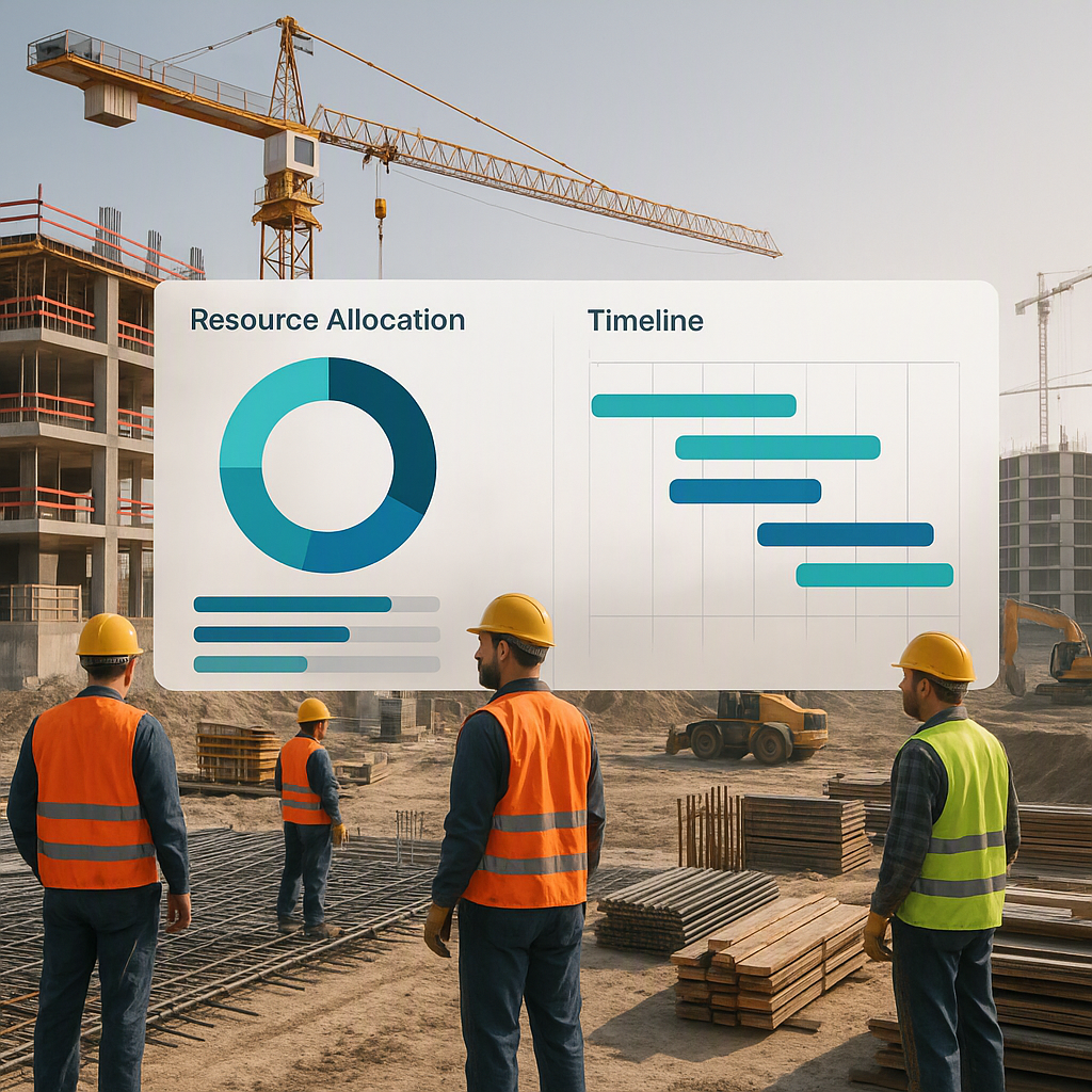 A realistic construction site with workers, equipment, and materials, overlaid with a digital dashboard showing resource...