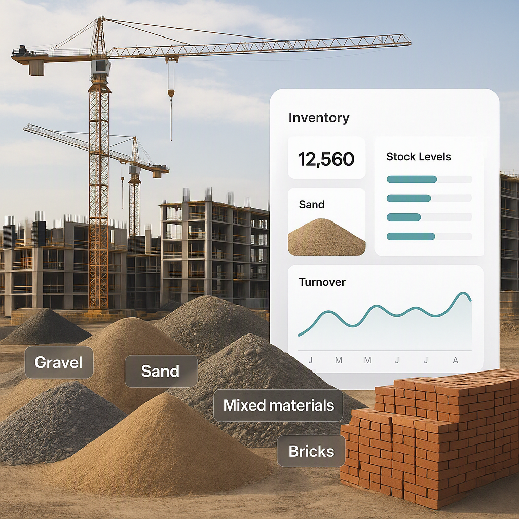 A construction site with labeled inventory stockpiles, overlaid with a digital dashboard showing real-time inventory dat...