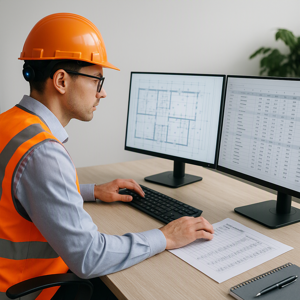 An AI-assisted construction estimator analyzing a digital blueprint on one screen while comparing subcontractor bids on...