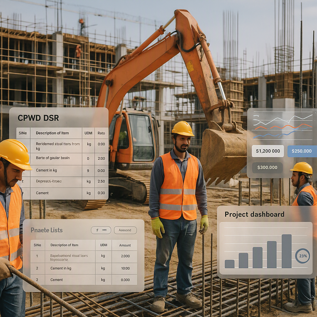An Indian construction site with workers and machinery, featuring digital overlays of CPWD DSR rate tables and project d...