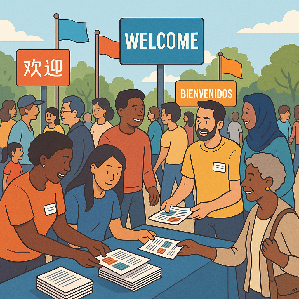 A vibrant community event with diverse attendees, signage in multiple languages, and volunteers assisting with multiling...