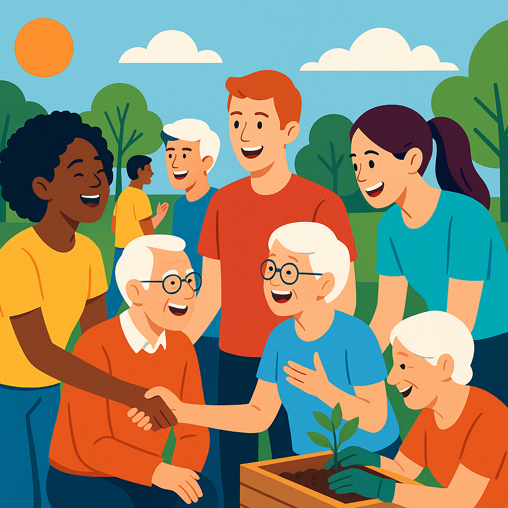 A vibrant community event scene with a mix of young people and older participants interacting, bright colors, outdoor se...