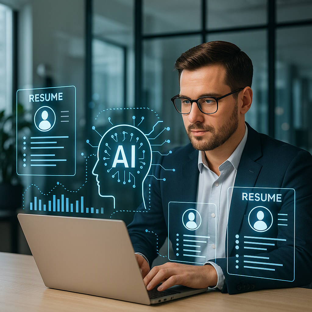 A modern office setting with a recruiter using a laptop, surrounded by holographic AI visuals analyzing resumes. Profess...