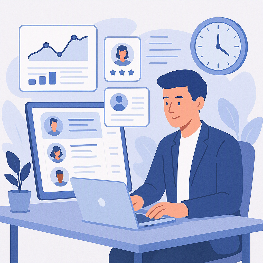 A visually appealing illustration of a modern recruitment process: a recruiter sitting at a desk with a laptop displayin...