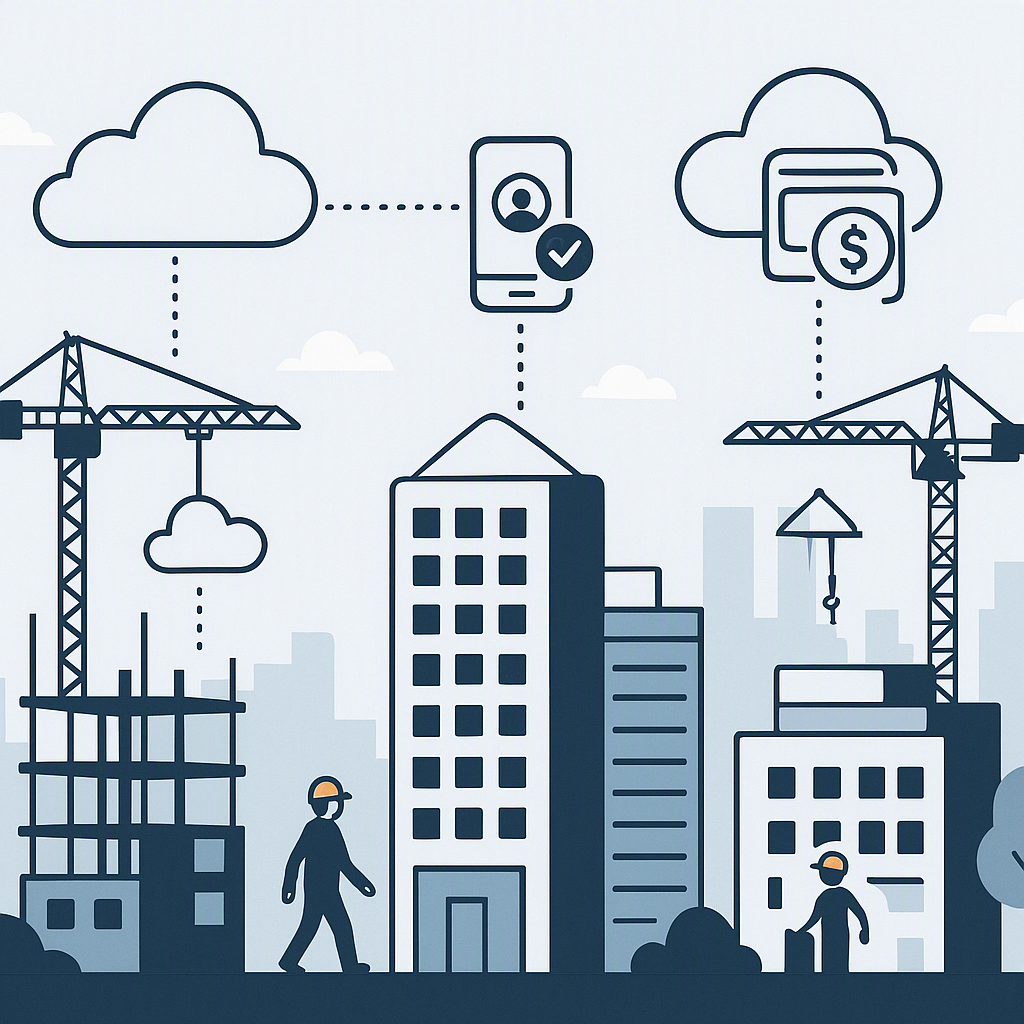 A modern construction site with multiple locations connected by cloud icons and HR-related visuals like attendance check...