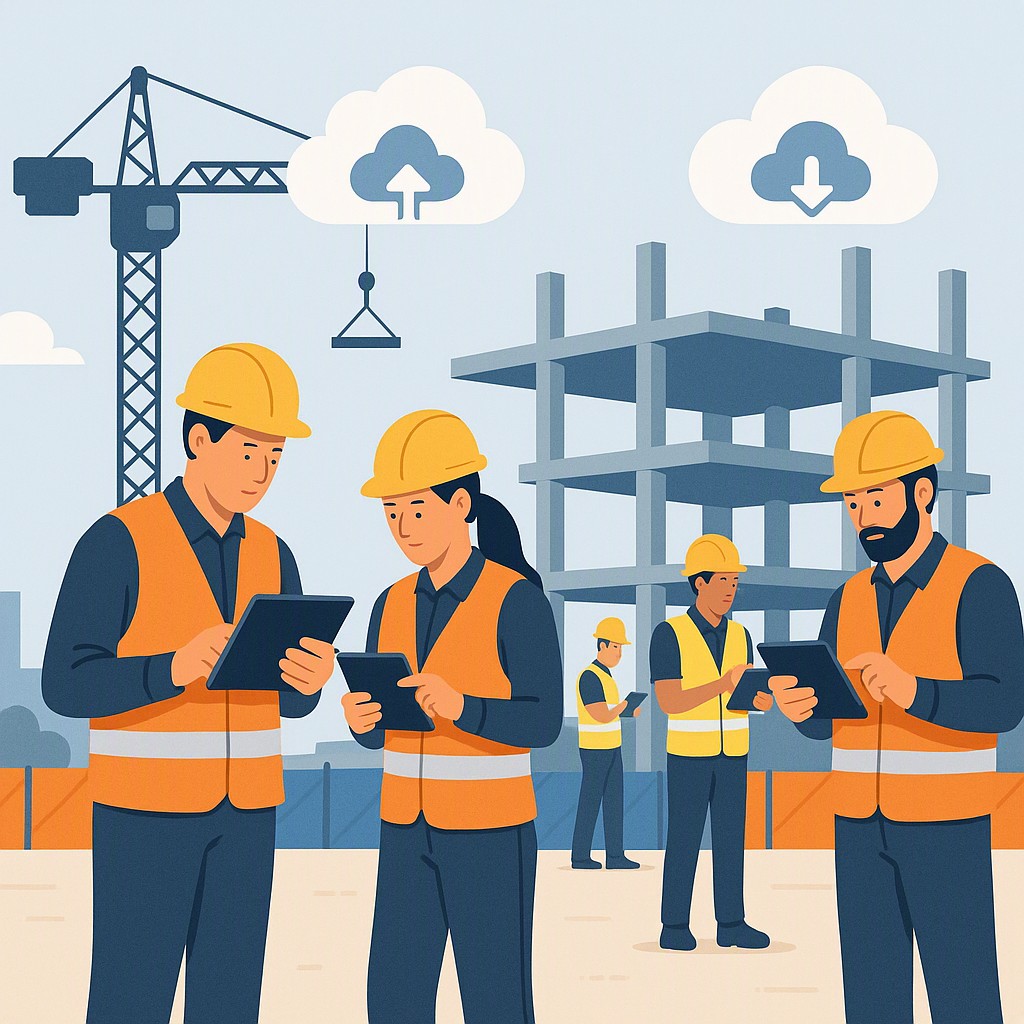 An illustration of a construction site with workers wearing safety helmets and using tablets for attendance tracking, wi...