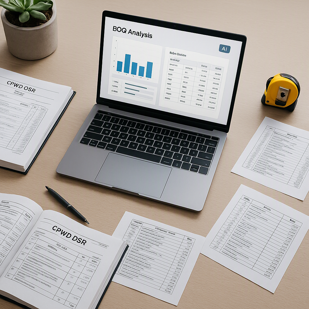 A contractor's desk with open CPWD DSR PDFs, a laptop showing AI-powered BOQ analysis, and rate sheets scattered around....