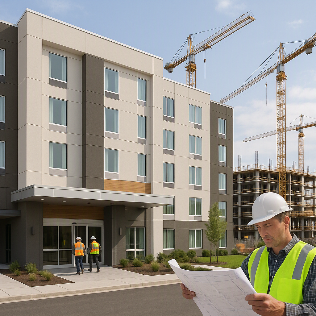 A modern extended stay hotel near a construction site with cranes visible, workers entering the hotel lobby, and a contr...