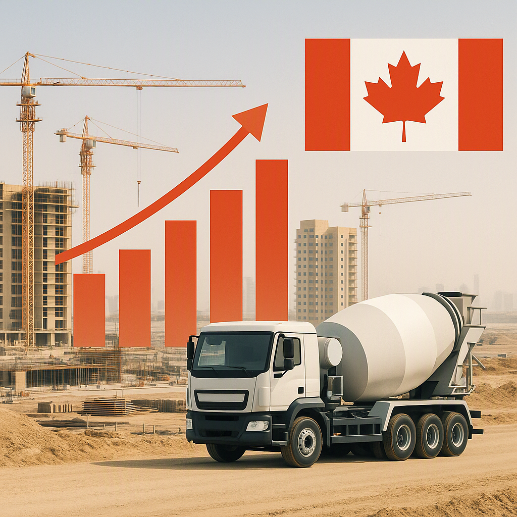 A construction site in the Gulf region with a rising bar graph in the background symbolizing cement price increases, alo...