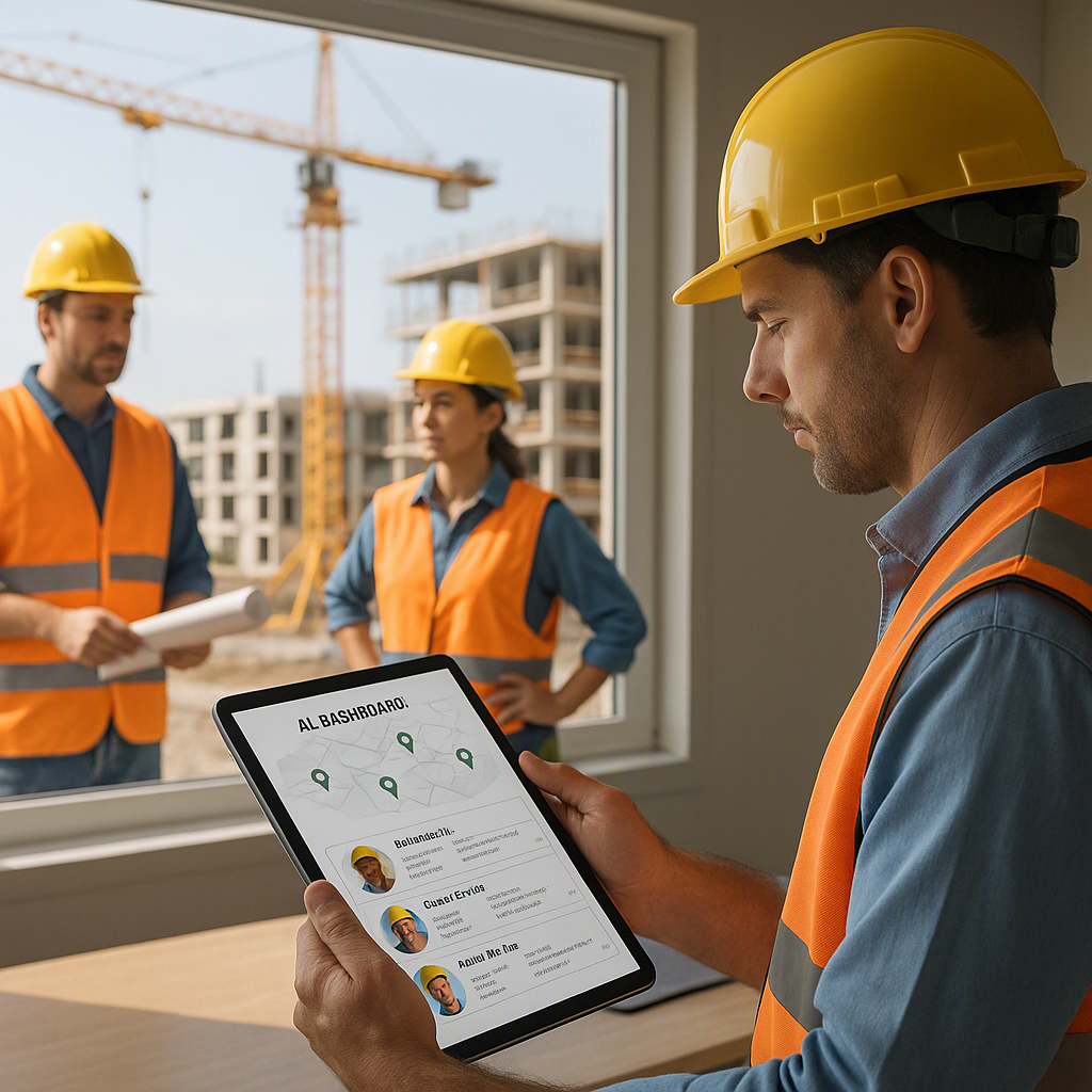 A realistic scene of construction workers being matched to job sites using AI dashboards, with a contractor reviewing wo...