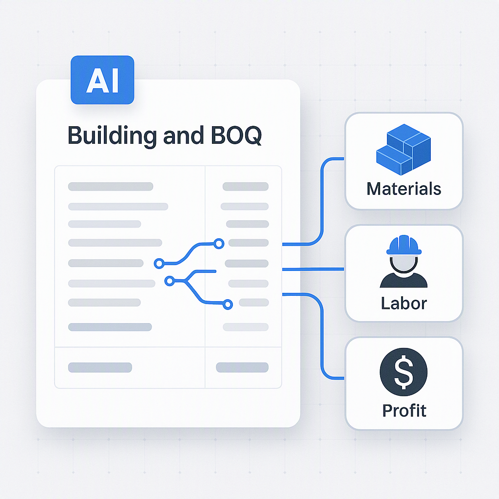 An AI-powered interface showing a construction BOQ being linked to financial categories like materials, labor, and profi...