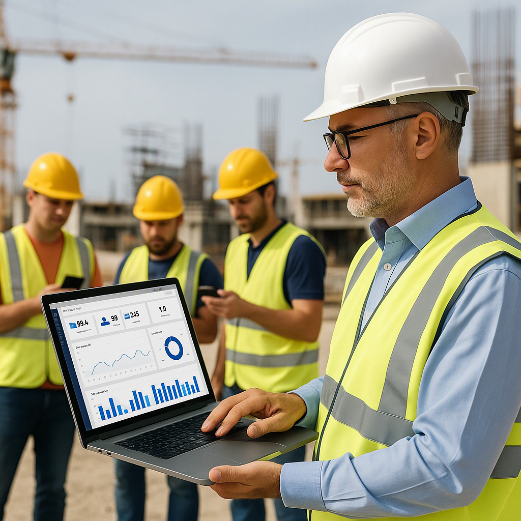 A construction site HR manager checking real-time workforce data on a dashboard, with workers logging attendance via mob...