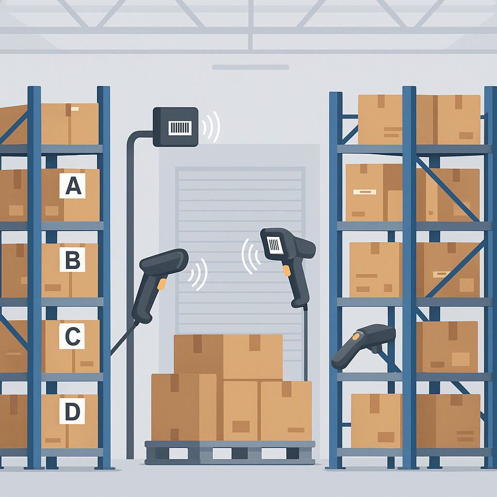 An illustration of a modern warehouse with labeled racks and barcode scanners in use, highlighting inventory management...
