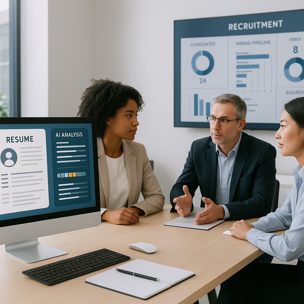 A modern recruitment office setting with a computer displaying AI-driven resume analysis, diverse team members discussin...