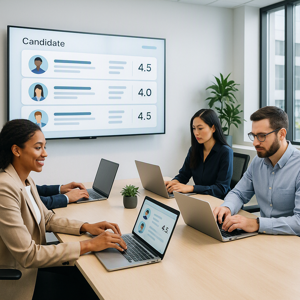 A modern recruitment office setting with a diverse team of HR professionals working on laptops, while a digital dashboar...