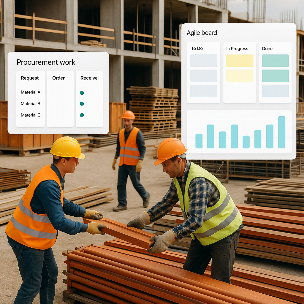 A construction site with workers managing materials, surrounded by digital dashboards showing procurement workflows and...