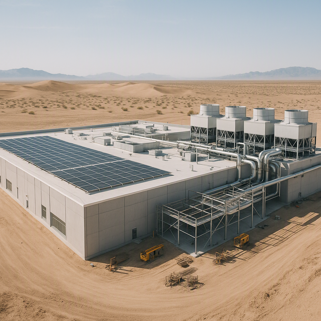 A modern data center under construction in a desert setting, with solar panels and cooling towers visible, emphasizing s...