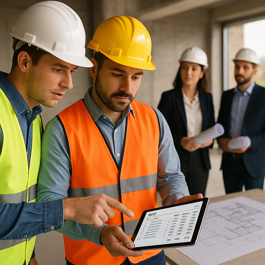 A contractor team in a pre-construction meeting, reviewing a digital BOQ on a tablet, with site plans and client reps in...