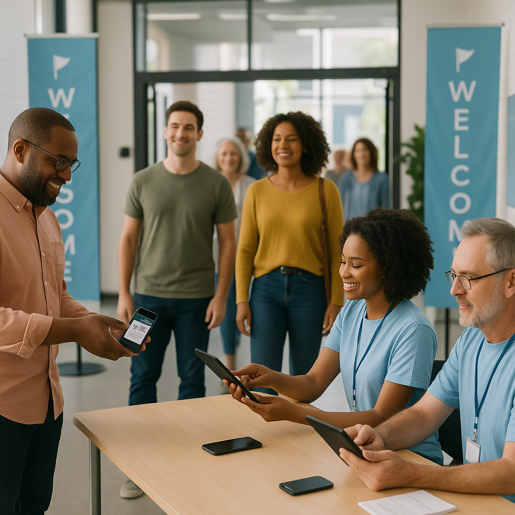 A community event with volunteers at a check-in table using tablets and phones for ticket scanning. Diverse attendees en...