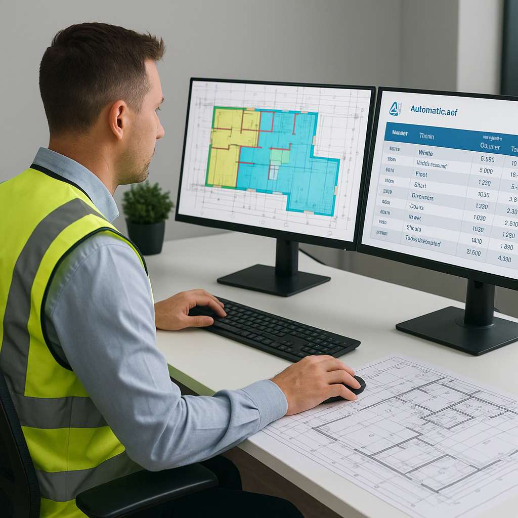 A construction estimator reviewing AI-powered takeoff results on a dual monitor setup, with blueprints and digital BOQs...