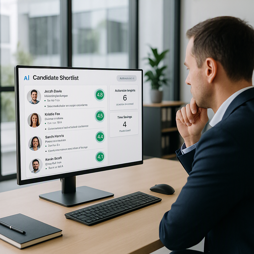 A modern office setting with a recruiter reviewing an AI-generated candidate shortlist on a sleek dashboard, showcasing...