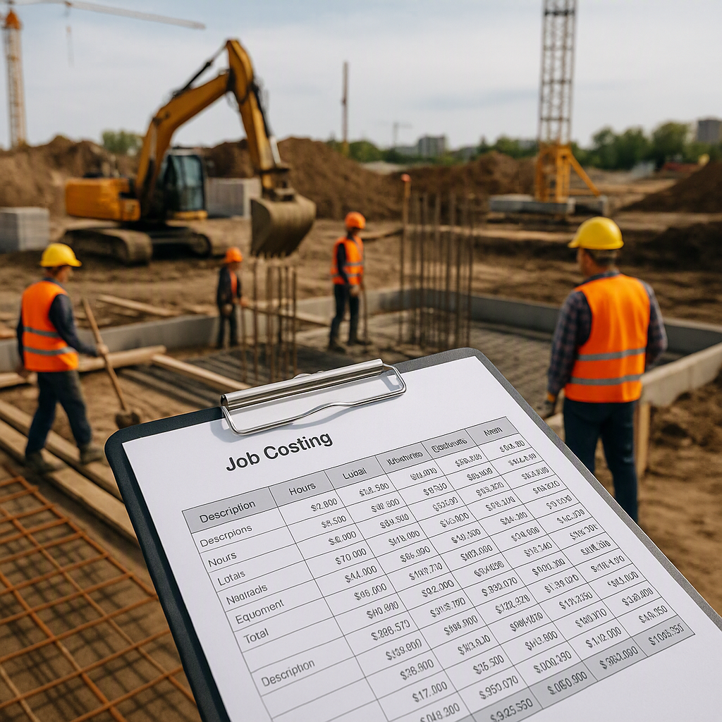 A construction site with workers, machinery, and a clipboard showing detailed job costing breakdowns in a spreadsheet fo...